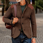 Mens cardigan with stand collar and shoulder patches, shown in brown