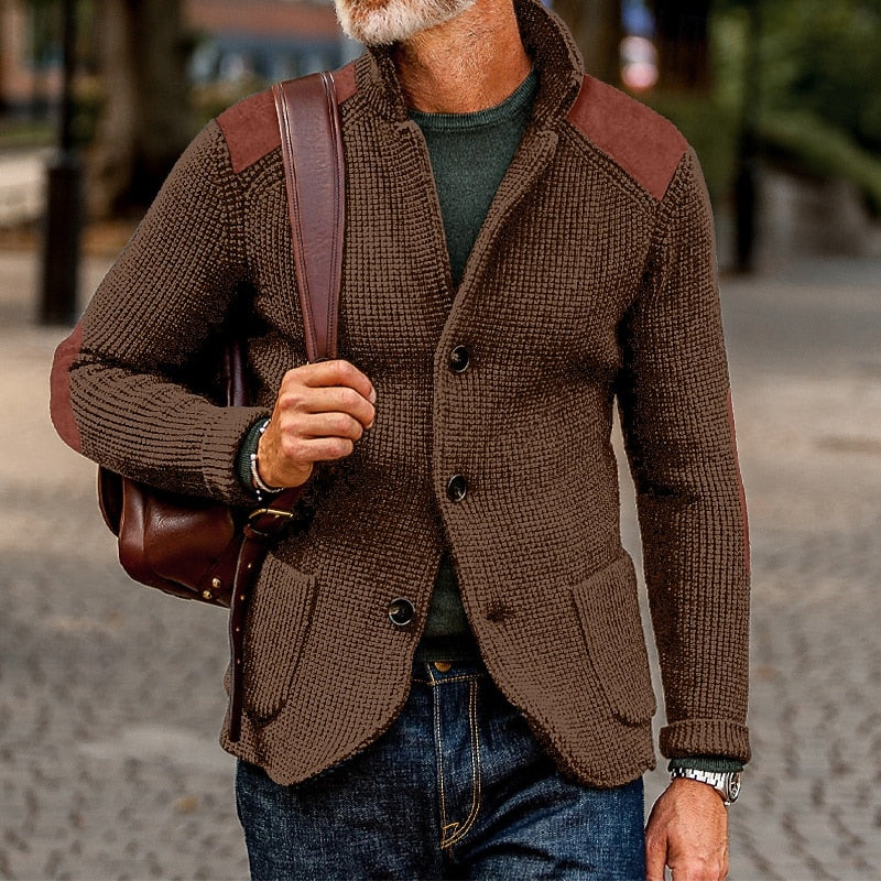Mens cardigan with stand collar and shoulder patches, shown in brown