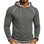 Mens pullover hoodie in Gray with contrast stitching, worn