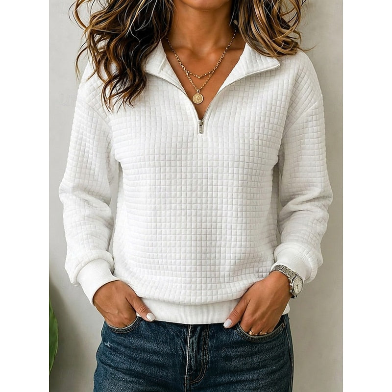 Womens quarter zip pullover in White, front view
