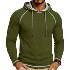 Mens pullover hoodie in Olive with contrast stitching, worn