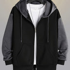 Mens zip up hoodie in Charcoal with black body, worn open over a white tee