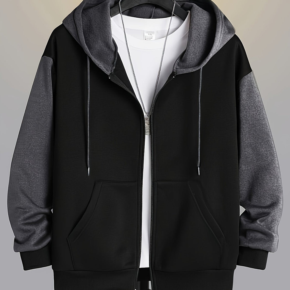 Mens zip up hoodie in Charcoal with black body, worn open over a white tee