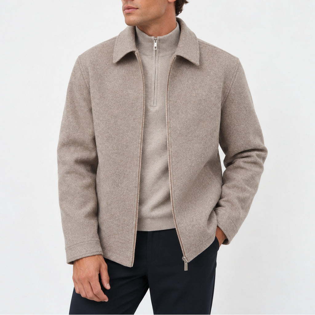 Point Collar Zip Up Jacket for Men in Beige