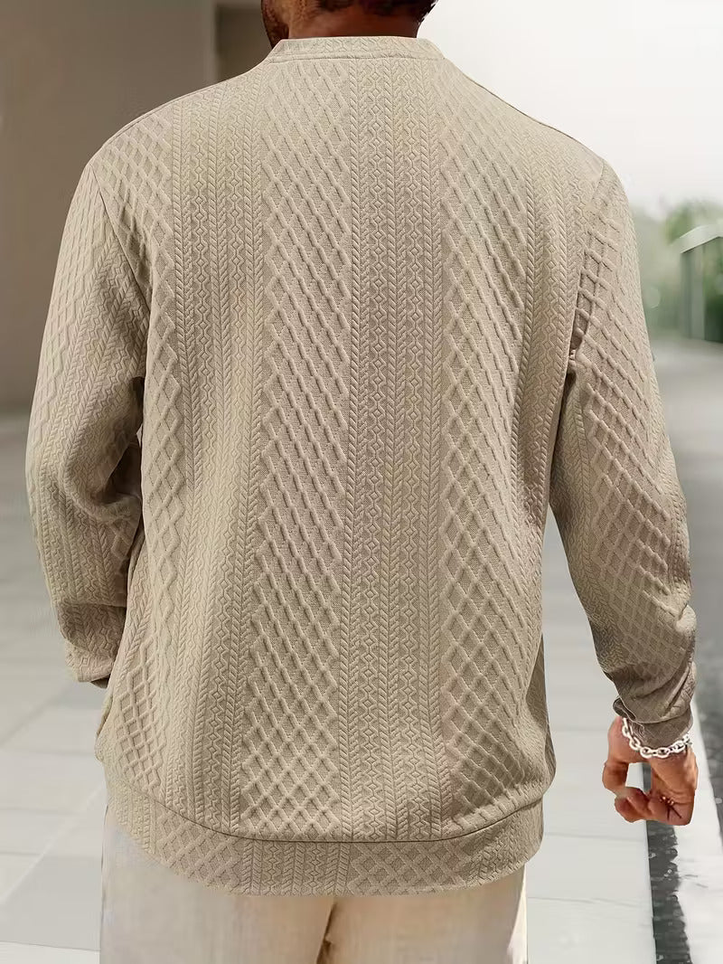 Mens henley sweater in Khaki, back view