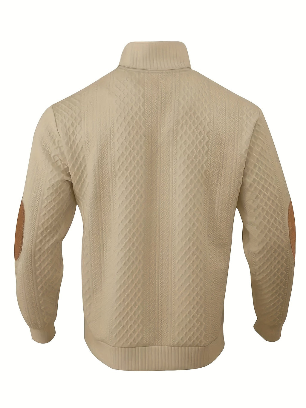 Mens mock neck sweater in Khaki, back view with elbow patches