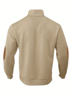 Mens mock neck sweater in Khaki, back view with elbow patches