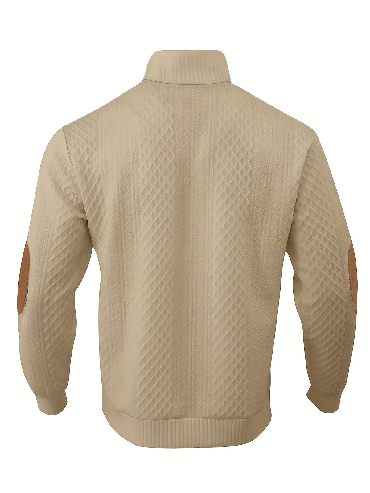 Mens mock neck sweater in Khaki, back view with elbow patches