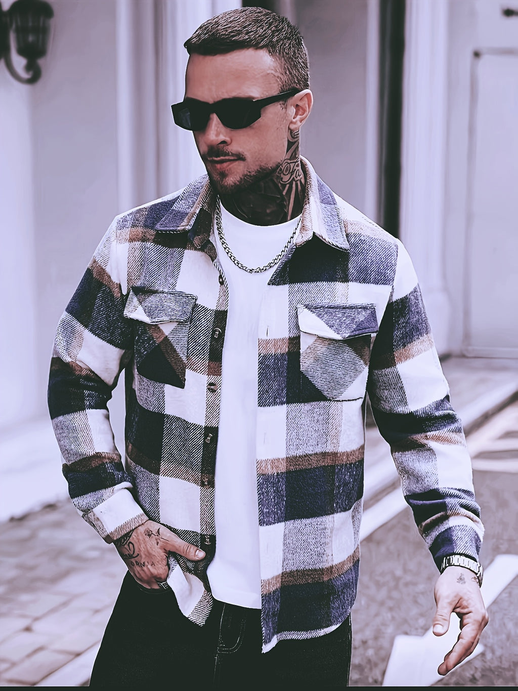 Blue Plaid Check Flannel Shirt Jacket with Chest Pockets