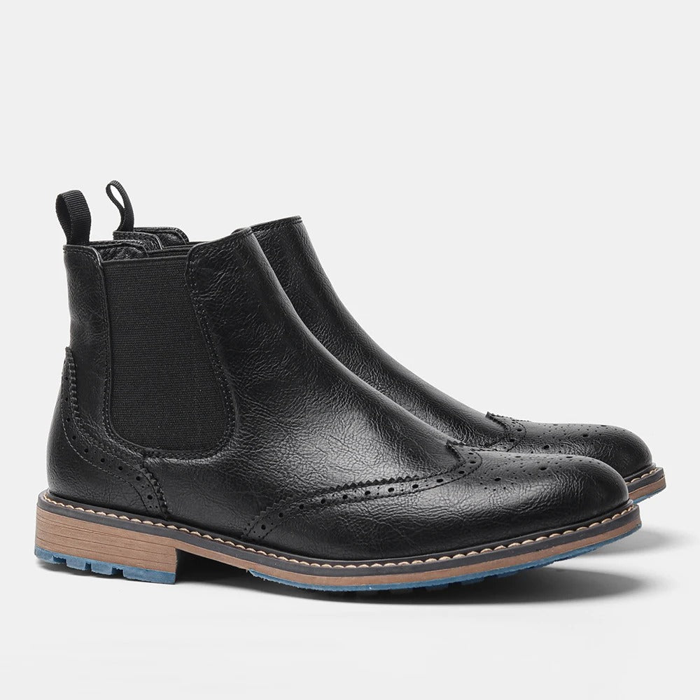 Brogue Detailing Leather Chelsea Boots with Elastic Gusset