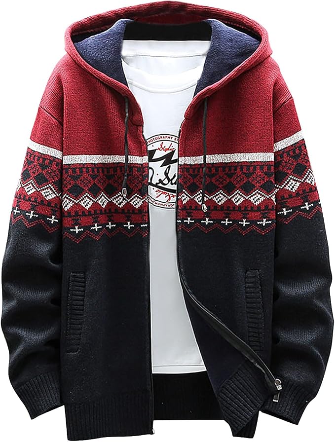 Burgundy Fair Isle Knit Hoodie for men
