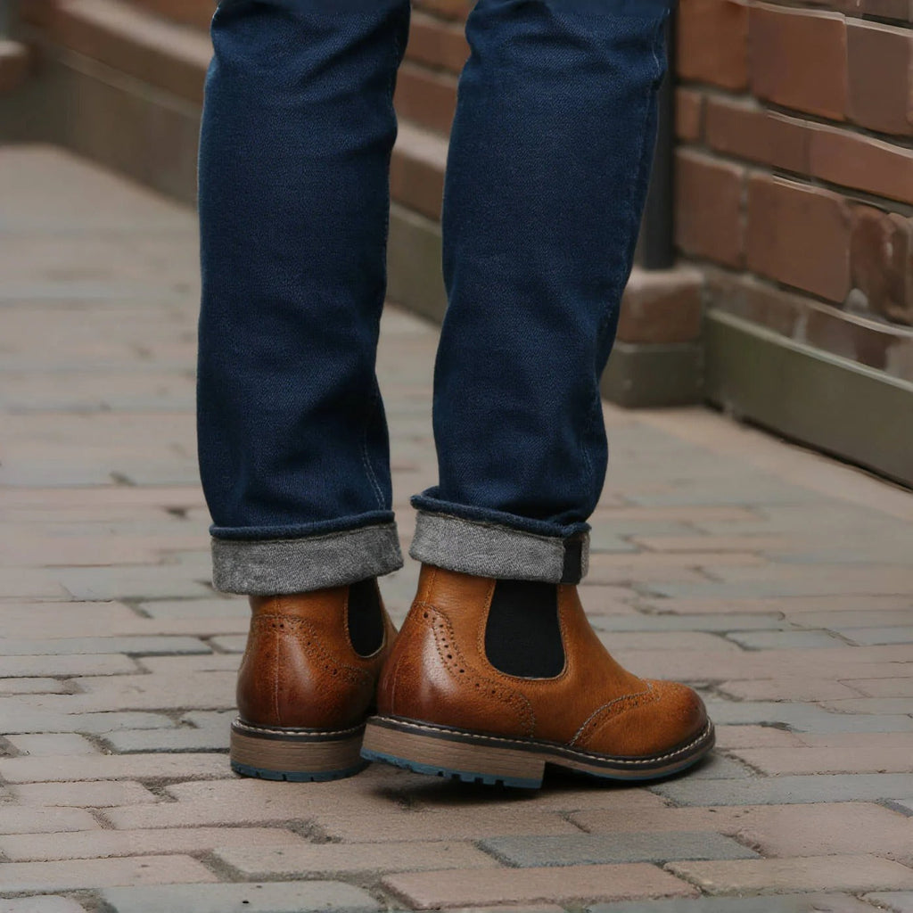 Brogue Detailing Leather Chelsea Boots with Elastic Gusset
