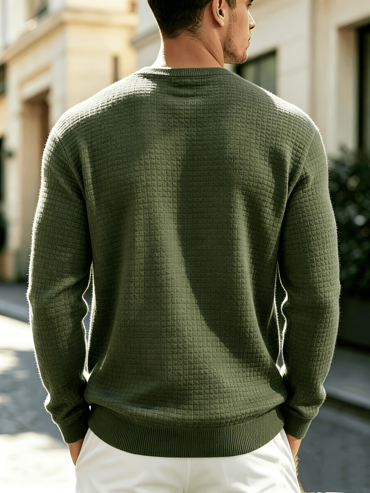 Leather Patch Crewneck Sweater with Waffle Texture
