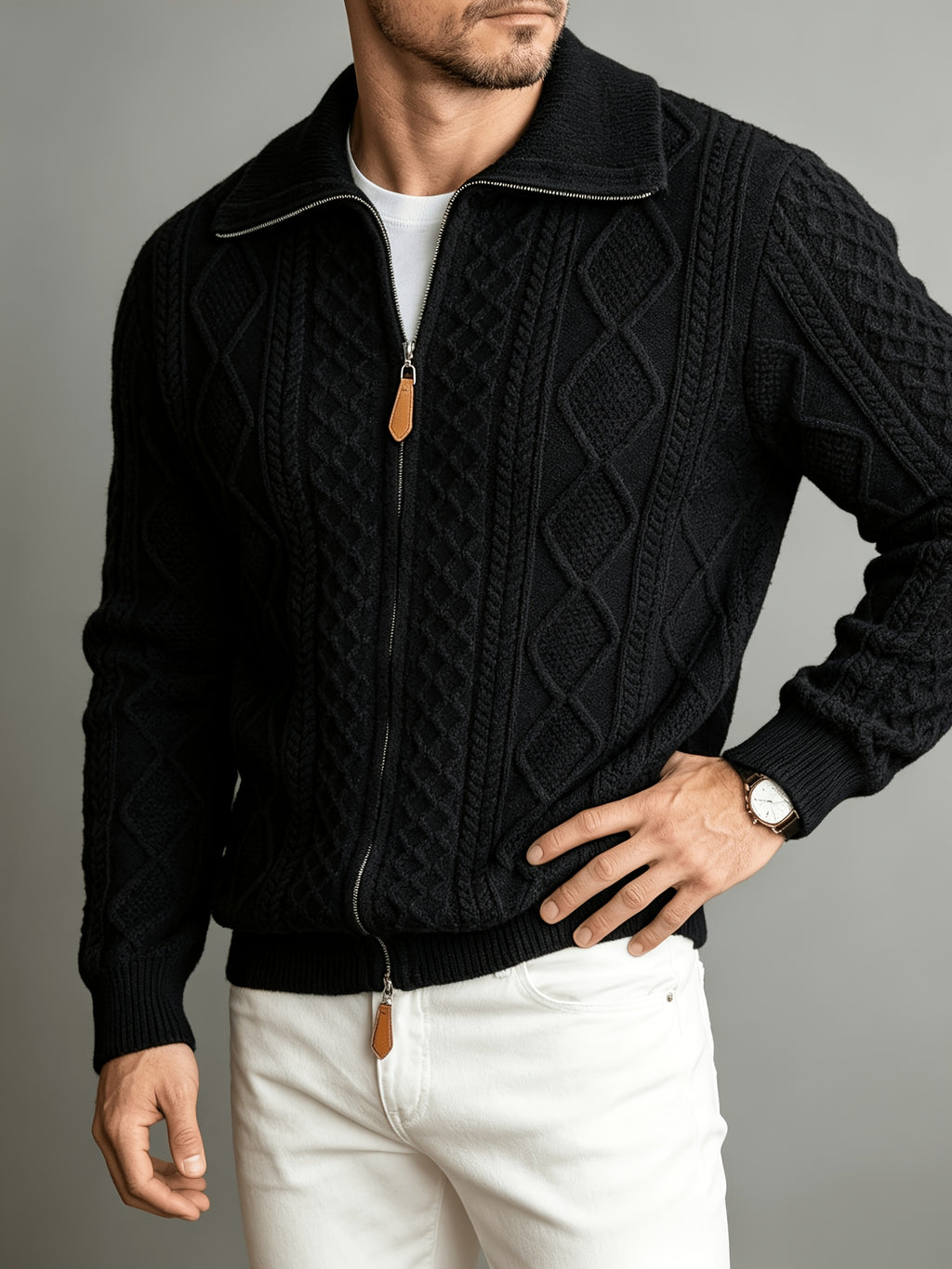 Spread Collar Cable Knit Sweater with Full Zip