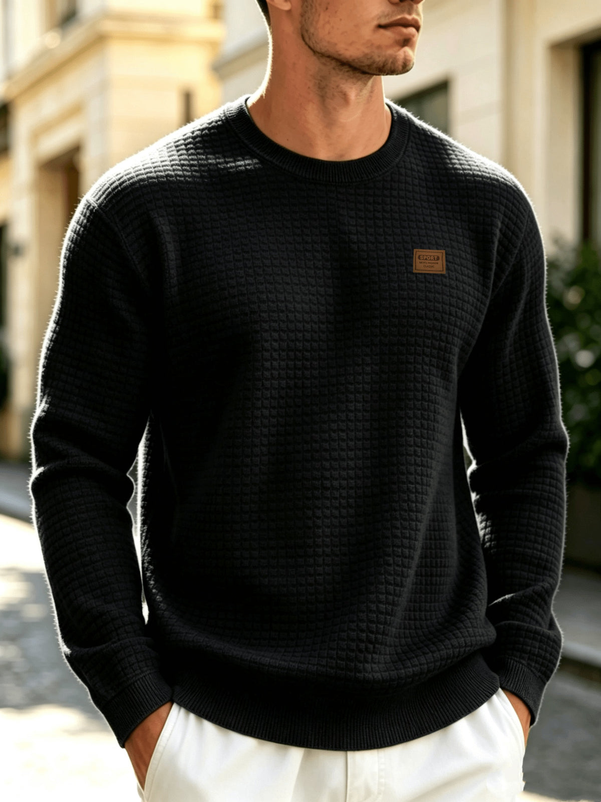 Leather Patch Crewneck Sweater with Waffle Texture