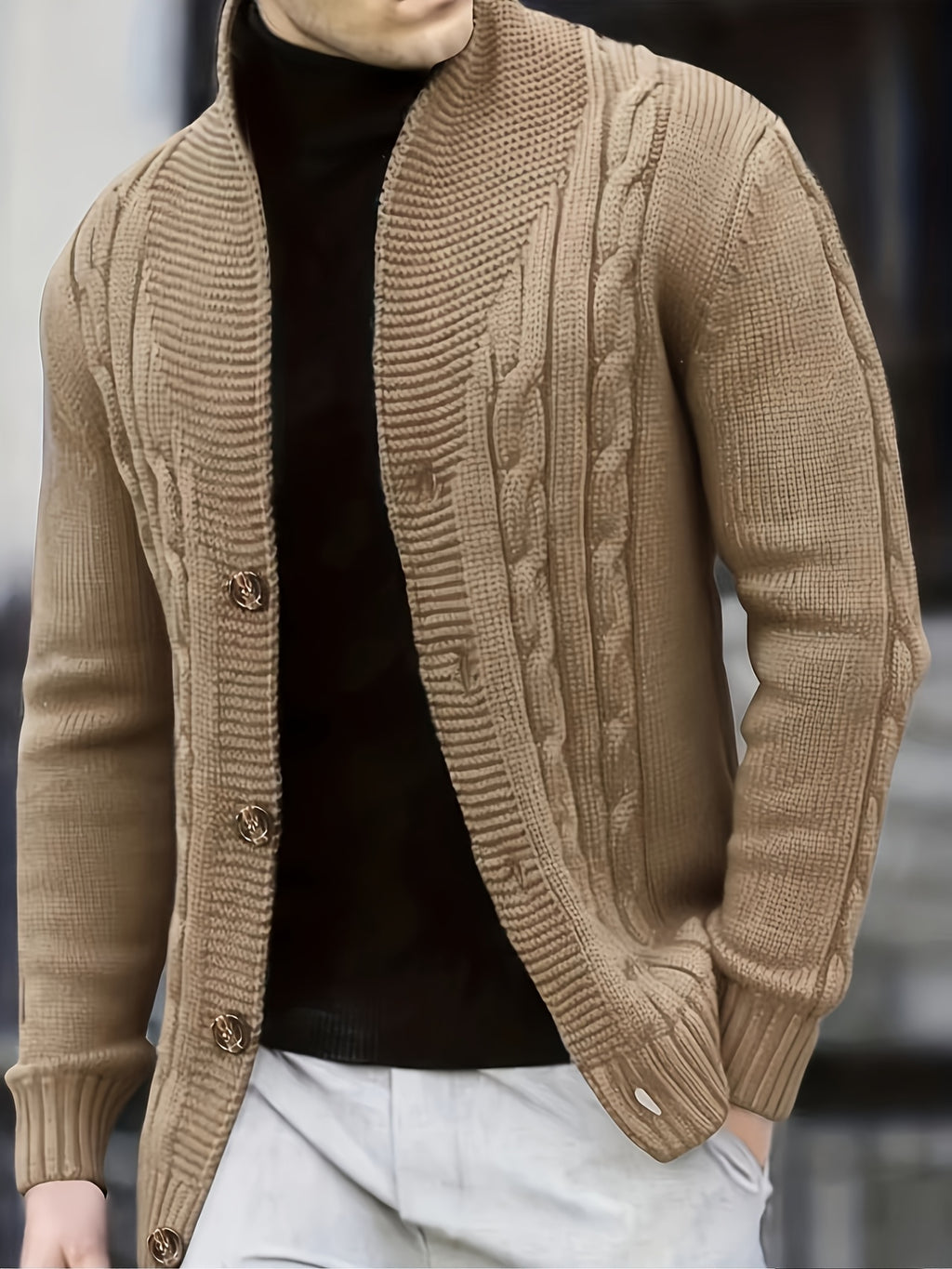 Khaki Shawl Collar Cardigan for men