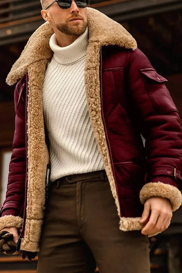 Shearling Collar Suede Aviator Jacket with Zip Front