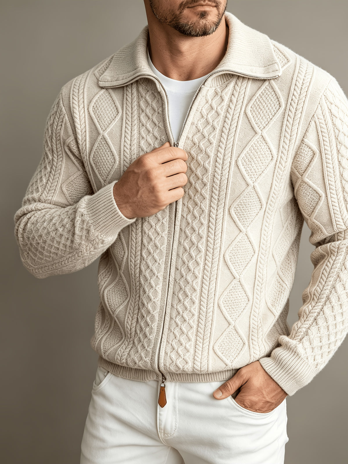 Diamond cable knit cardigan with lapel collar and full zip