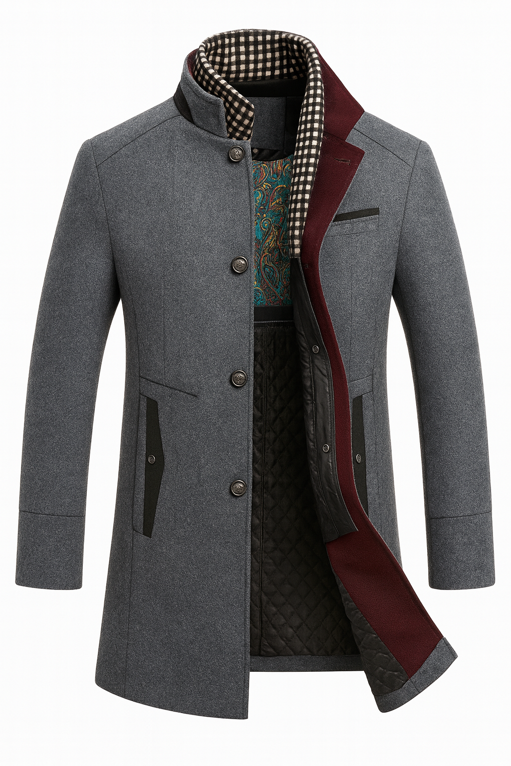 Mens overcoat in Gray, open front with burgundy facing