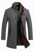 Mens overcoat in Gray, open front with burgundy facing