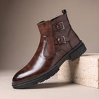Brown double Buckle Chelsea Boots for Men with Side Zip