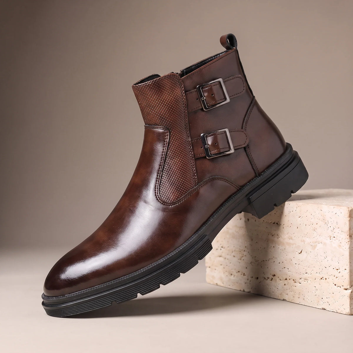 Brown double Buckle Chelsea Boots for Men with Side Zip