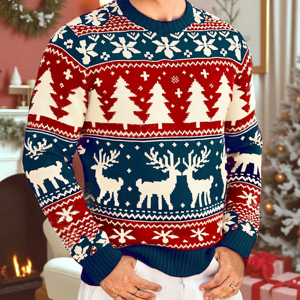 Mens Christmas sweater in Blue, close-up of the reindeer pattern