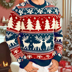 Mens Christmas sweater in Blue, close-up of the reindeer pattern