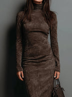 Womens turtleneck midi dress in Brown, close view of the turtleneck and bodice