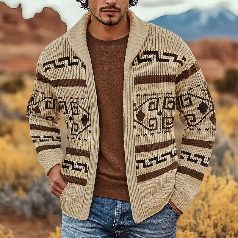 Cream nordic Patterned Cardigan for Men