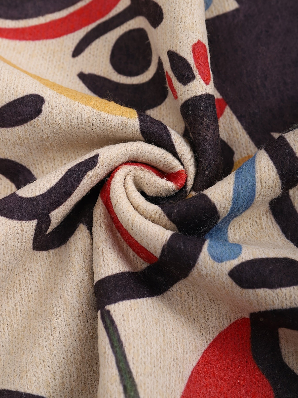 Mens crew neck sweater with abstract face print in Multicolor, close-up of the brushed knit