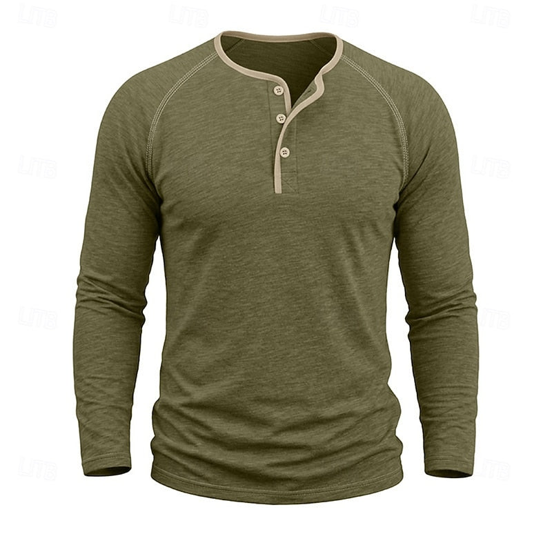 Mens henley shirt in Army Green, front view