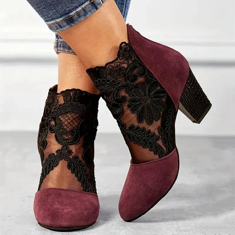 Womens lace booties with block heel in Red, worn, side view