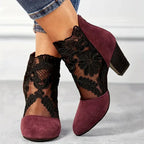 Womens lace booties with block heel in Red, worn, side view