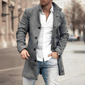 Mens check overcoat in Gray, worn open over a white shirt and jeans