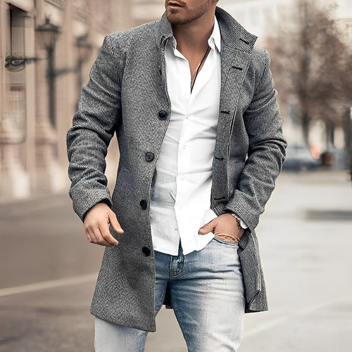 Mens check overcoat in Gray, worn open over a white shirt and jeans
