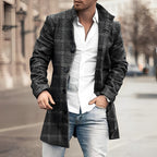 Mens check overcoat in Black, plaid check worn open over a white shirt