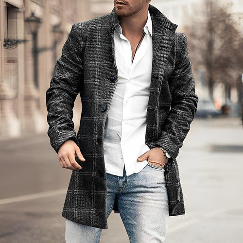 Mens check overcoat in Black, plaid check worn open over a white shirt