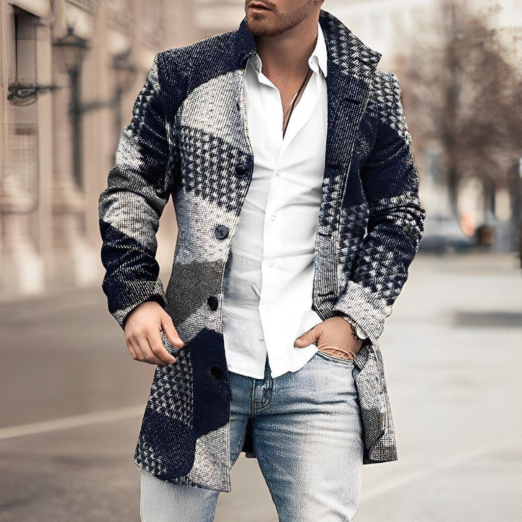 Mens check overcoat in Navy, patchwork check worn open over a white shirt