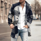 Mens check overcoat in Navy, patchwork check worn open over a white shirt