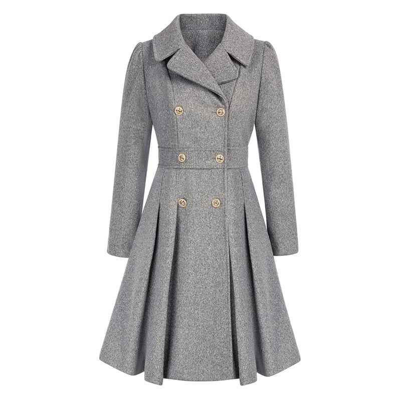 Womens double-breasted winter coat in Gray, front view with flared pleated hem