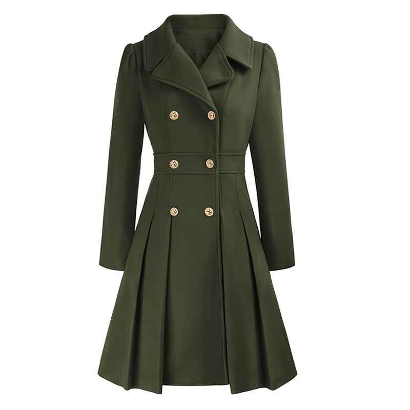 Womens double-breasted winter coat in Olive, front view