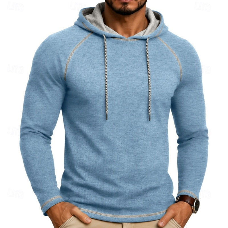Mens pullover hoodie in Light Blue with contrast stitching, worn