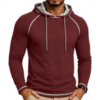 Mens pullover hoodie in Burgundy with contrast stitching, worn