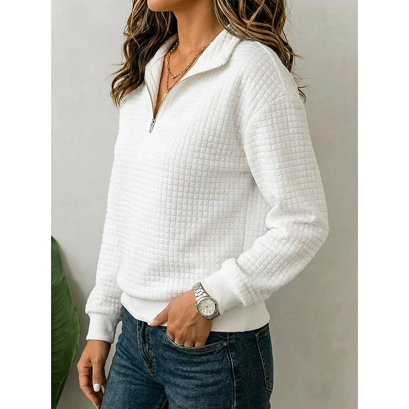 Womens quarter zip pullover in White, side view of the waffle knit