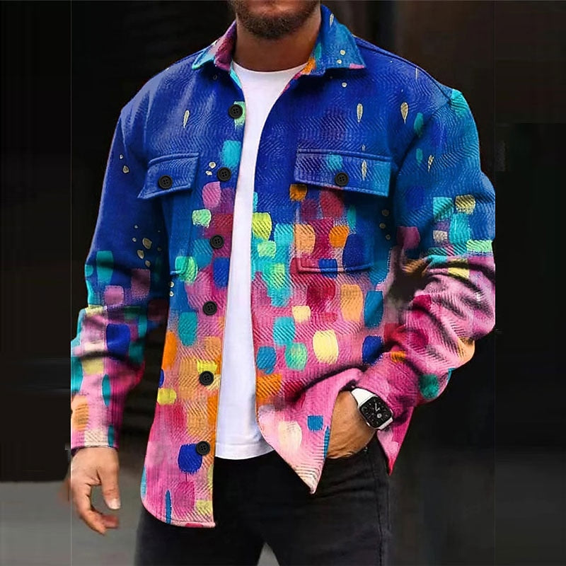 Blue Multicolor abstract Print Overshirt for Men with Chest Pockets