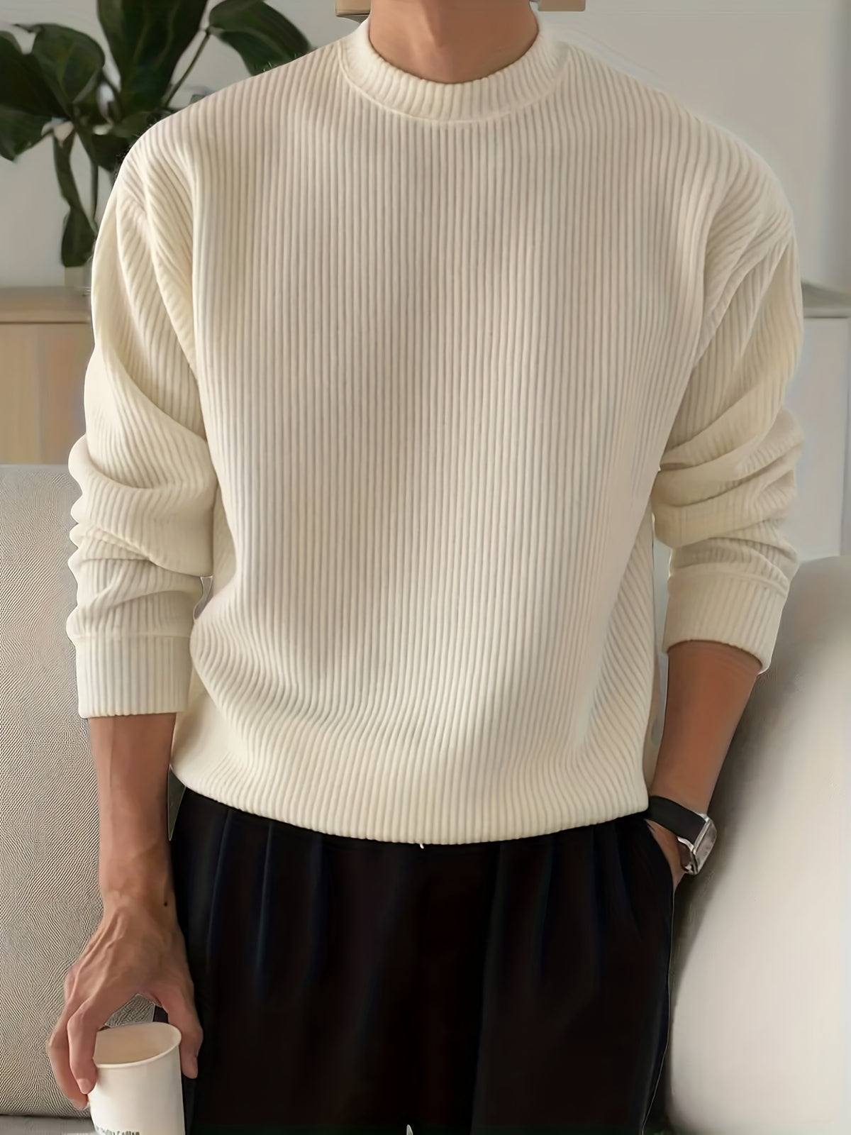White Crewneck Sweater with Ribbed Knit
