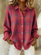 Womens cardigan in Pink, plaid, front view