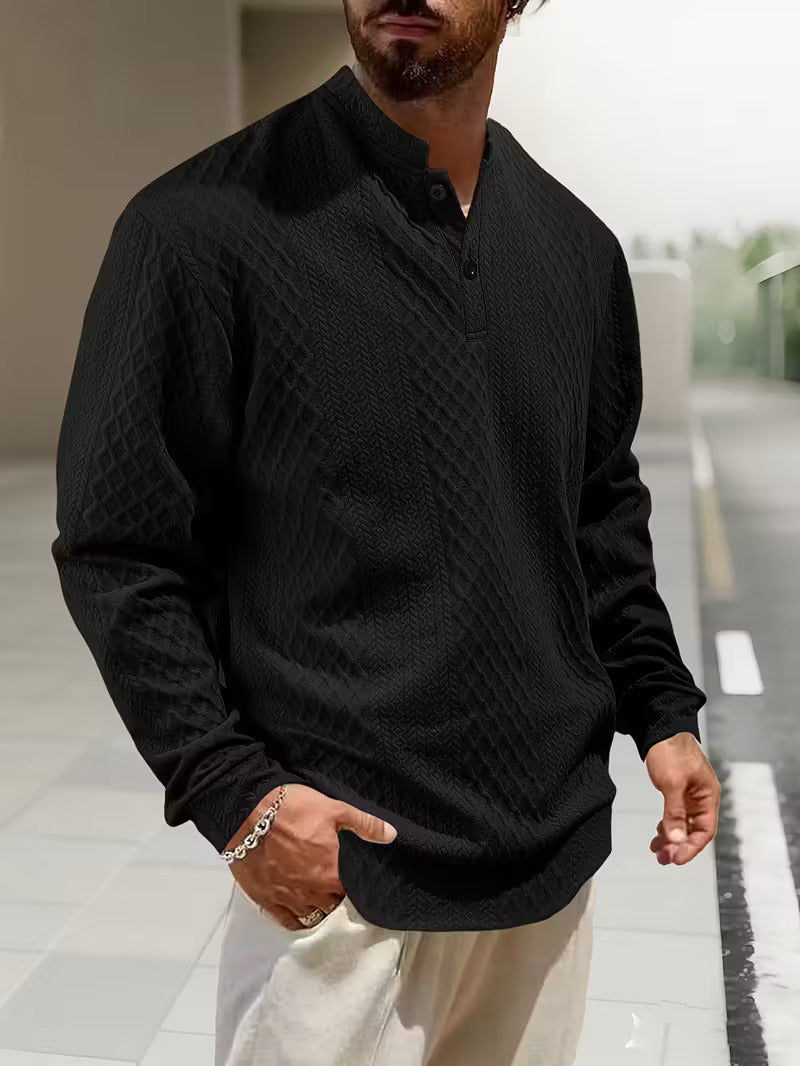 Mens henley sweater in Black, front view with button neck