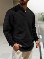 Mens henley sweater in Black, front view with button neck